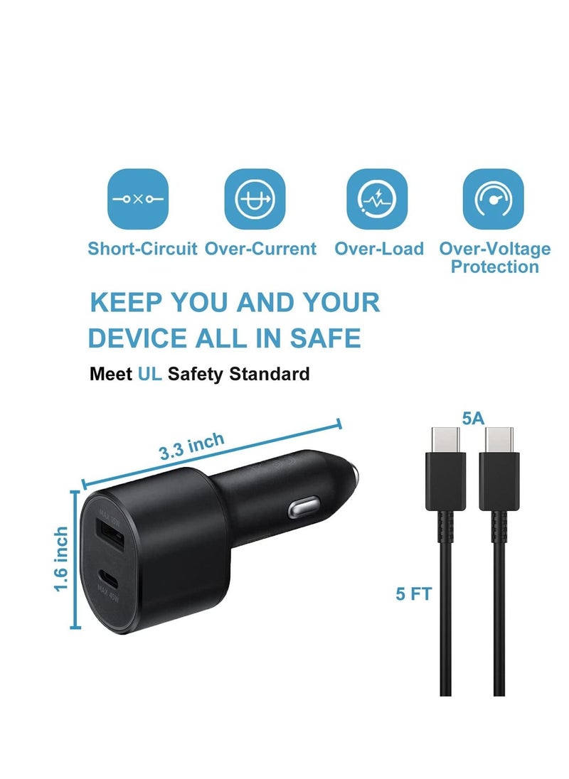 USB C Car Charger,60W Super Fast Car Charger(45W+15W) PD&QC 2.0 3A with USB C to C Cable for Samsung A55 A54 A53 A34 M33 M13 S24 Ultra S23 Ultra S23 FE Z Flip 5 Z Fold 5 Pixel 8/7/6,Black