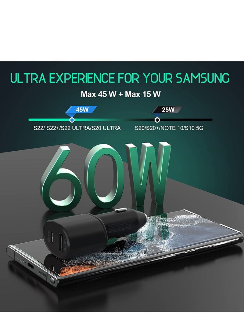 USB C Car Charger,60W Super Fast Car Charger(45W+15W) PD&QC 2.0 3A with USB C to C Cable for Samsung A55 A54 A53 A34 M33 M13 S24 Ultra S23 Ultra S23 FE Z Flip 5 Z Fold 5 Pixel 8/7/6,Black