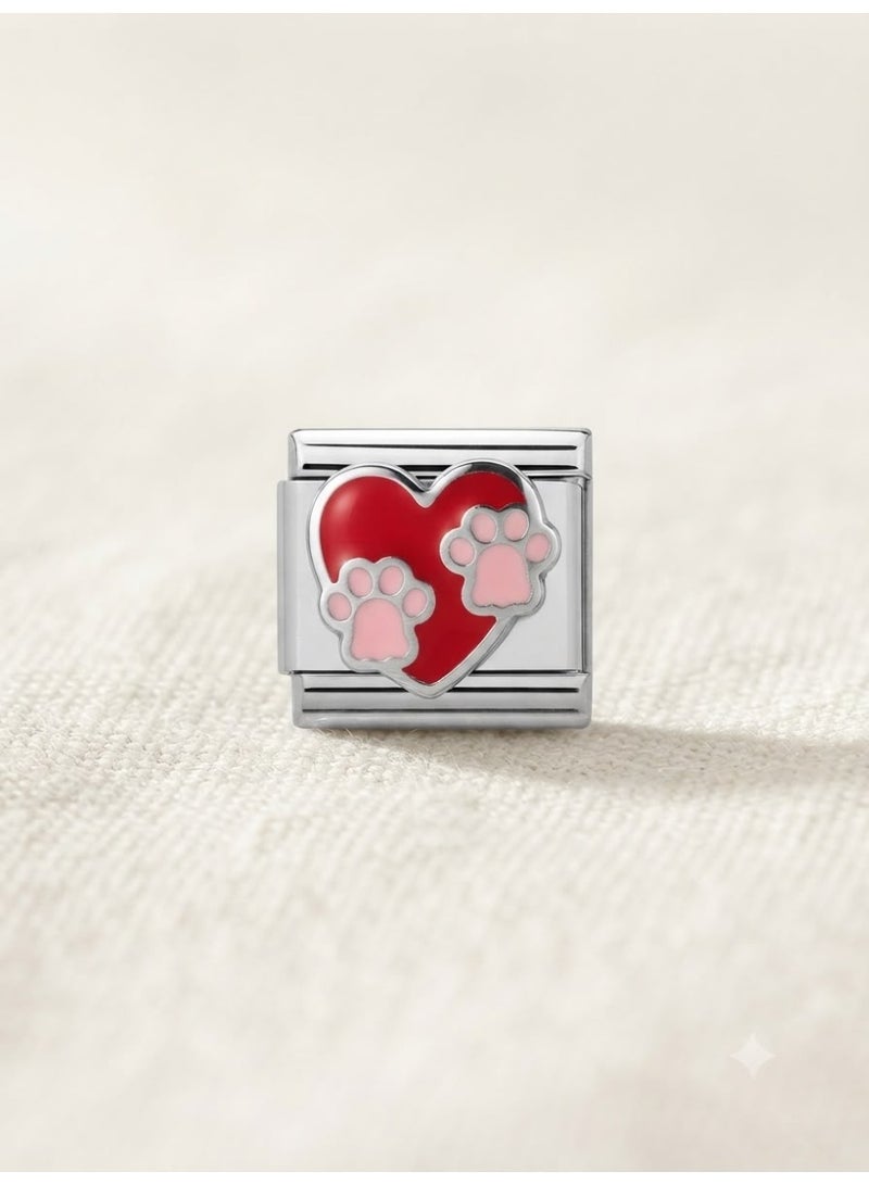 Silver-Toned Charm with Red Heart and Pink Paw Prints