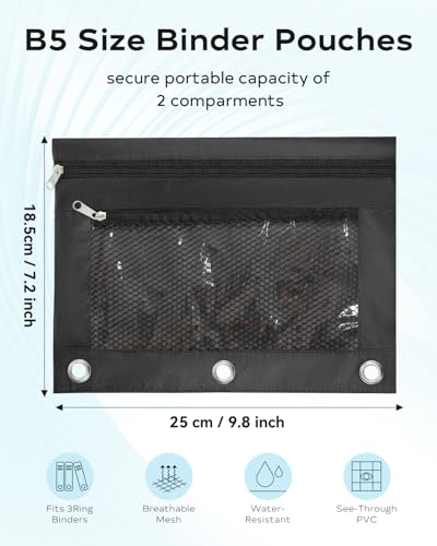 ASBEFORE Pencil Pouch for 3 Ring Binder - Small Zipper Pen Case, Black Pencil Pouches for Boys Kids, School Supplies, 3 Hole Nylon Pencil Bag Accessories Clear Window Aesthetic Organizer - Image 2
