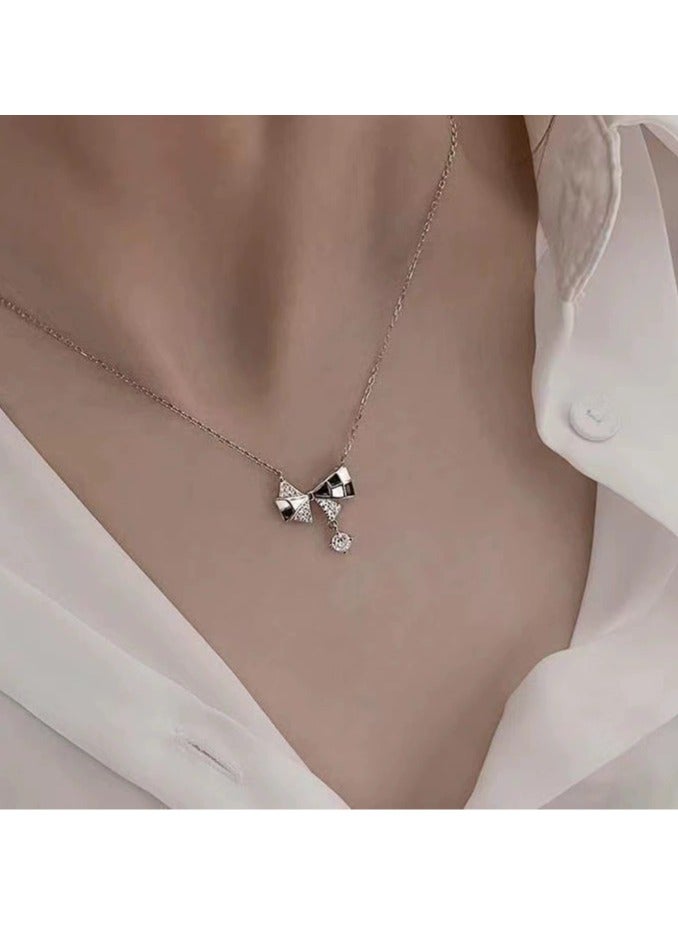 Goolsky Checkerboard Bow Necklace for Women – 2025 New Light Luxury Collarbone Chain, Indie High-End Design Pendant - Image 1