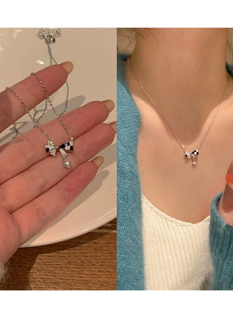 Goolsky Checkerboard Bow Necklace for Women – 2025 New Light Luxury Collarbone Chain, Indie High-End Design Pendant - Image 3