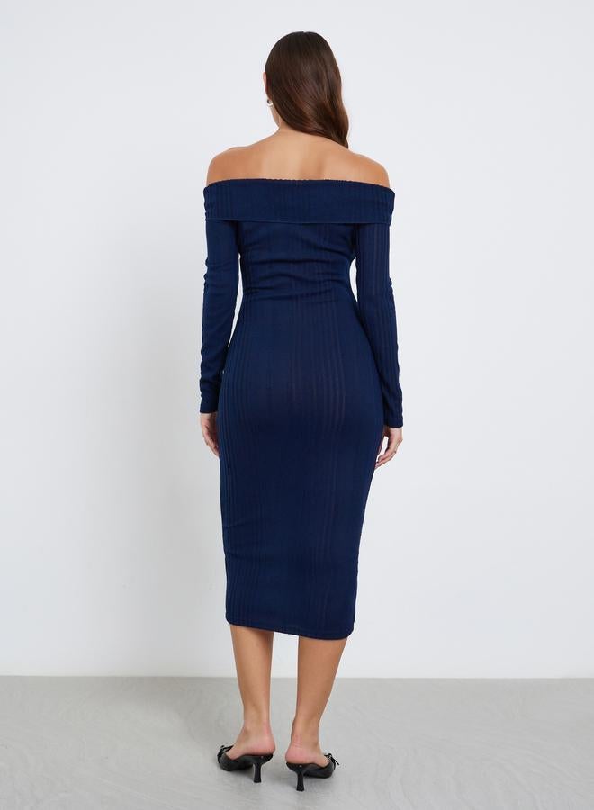 Styli Blue Textured Knit Bodycon Midi Dress - Image 4