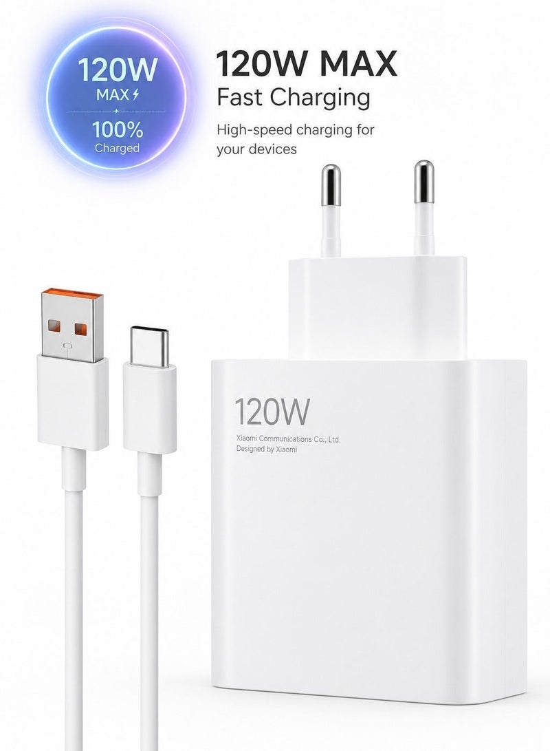 120W MAX Ultra Fast Wall Charger with USB-A to USB-C Cable, High Power Fast Charging Adapter Compatible with Xiaomi, Redmi & POCO Devices - White - Image 1