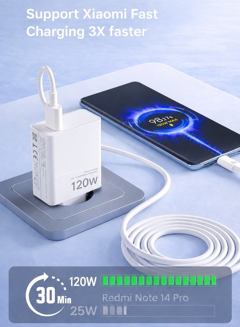 120W MAX Ultra Fast Wall Charger with USB-A to USB-C Cable, High Power Fast Charging Adapter Compatible with Xiaomi, Redmi & POCO Devices - White - Image 2