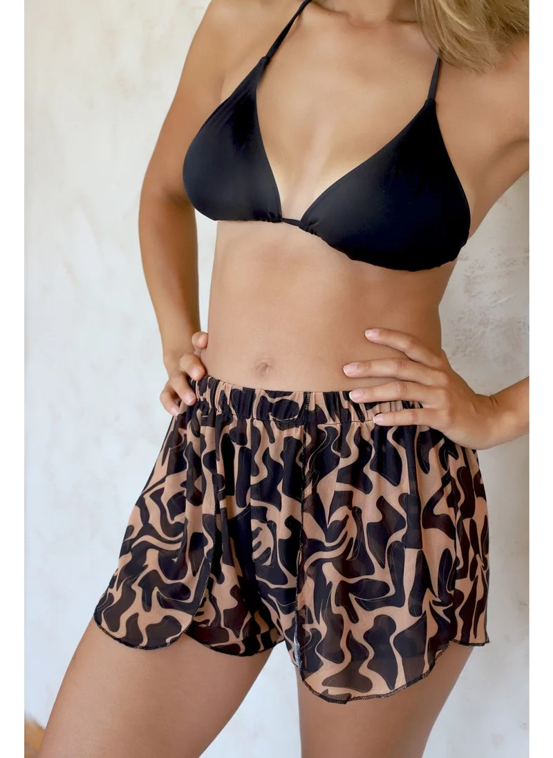 Hamur Dough Summer Beach Shorts Pareo Swim Shorts with Closed Front Slit Elastic Chiffon Tulle Fabric Twime Black