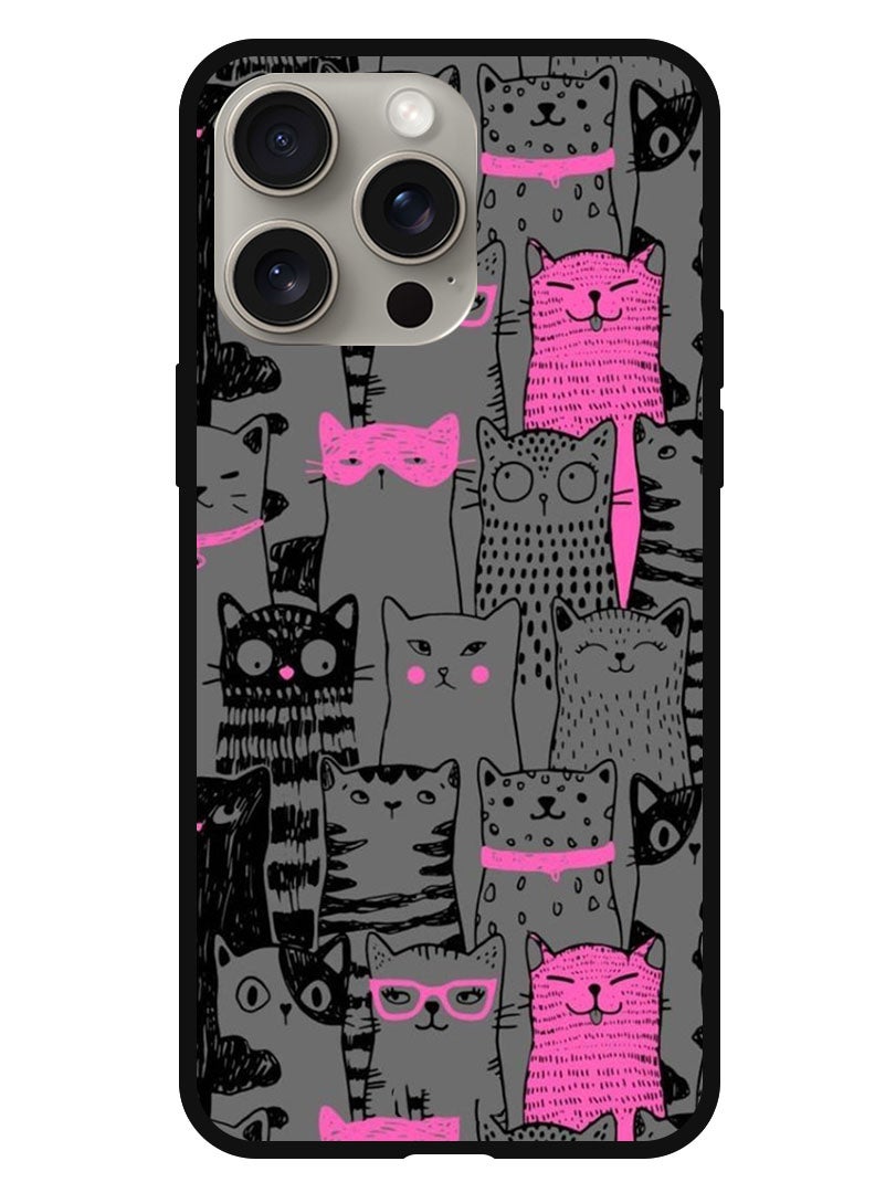 Theodor Protective Case Anti Scratch Shock Proof Bumper Cover For iPhone 15 Pro Pink Cats - Image 1