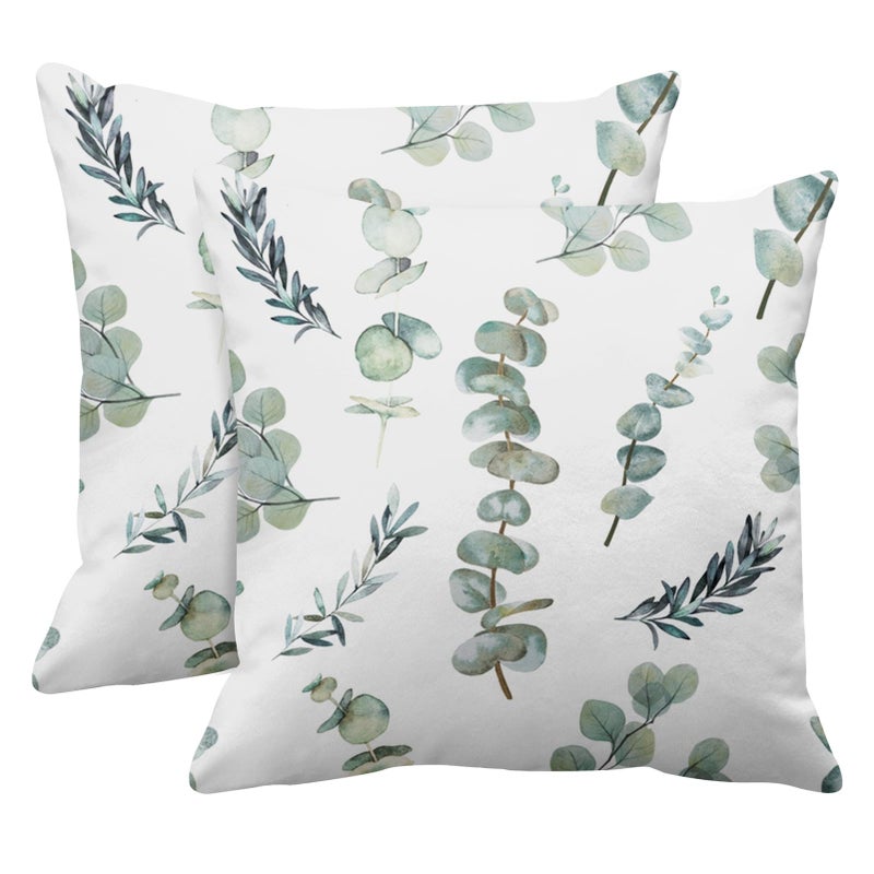 Emvency Set of 2 Throw Pillow Covers Decorative Green Leaf Watercolor Eucalyptus Branches Hand Floral with Plant Objects White Natural Greenery Twig 20x20 Inch Cushion Pillowcase Sofa Square Print