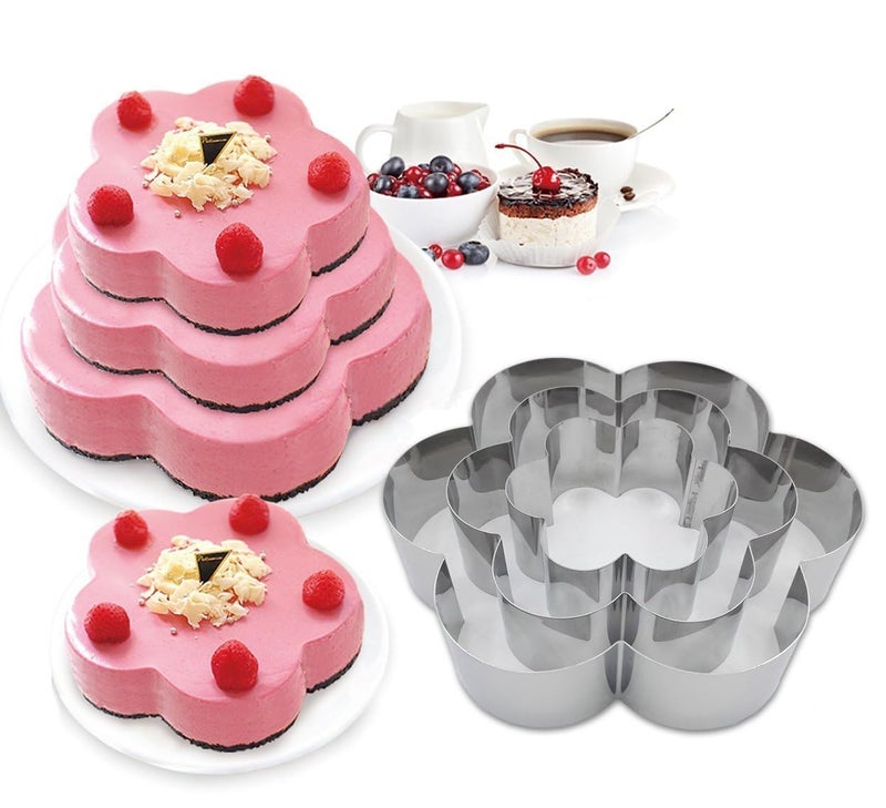 DOLIVA 3 Pieces Petal Multilayer Anniversary Birthday Cake Baking PansStainless Steel 3 Sizes Rings Petal Molding Mousse Cake Rings - Image 1
