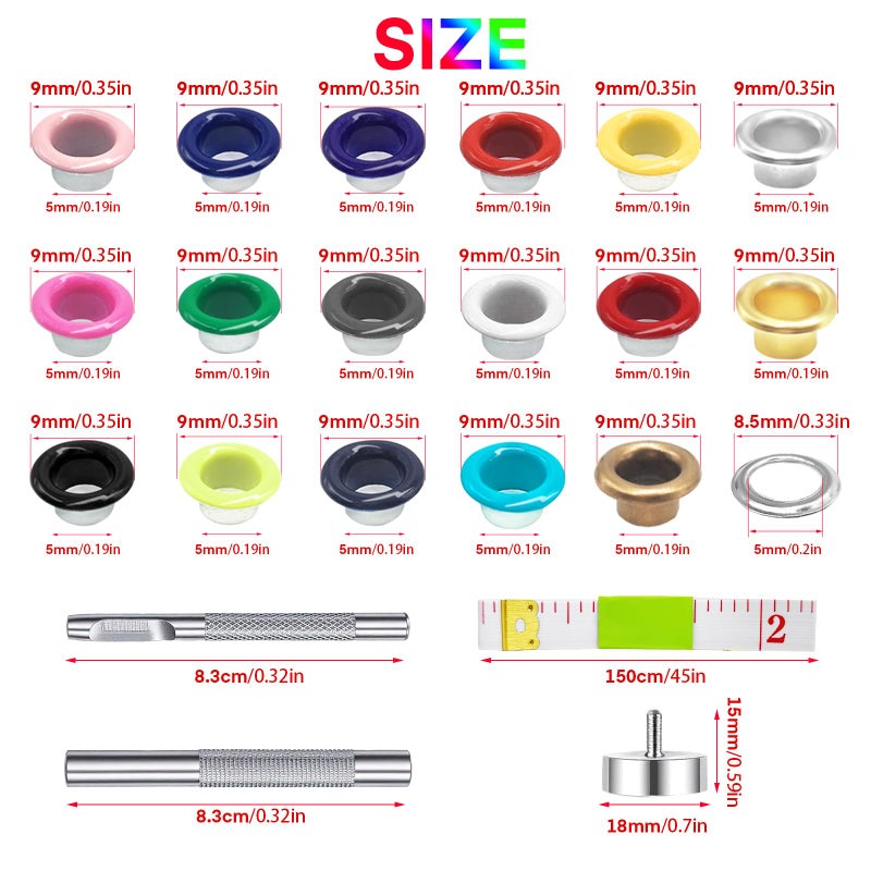 Meifuly Metal Eyelets Grommets, 680Pcs 17 Colors 3/16 inch Metal Grommets Kit, Multi-Color Eyelets Set with Installation Tool, Measuring Tape and Storage Box for DIY Shoes Belt Clothes Crafts Bag - Image 3