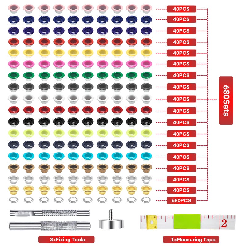 Meifuly Metal Eyelets Grommets, 680Pcs 17 Colors 3/16 inch Metal Grommets Kit, Multi-Color Eyelets Set with Installation Tool, Measuring Tape and Storage Box for DIY Shoes Belt Clothes Crafts Bag - Image 2
