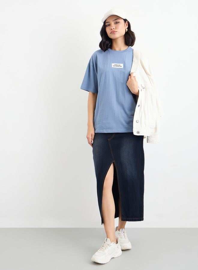 Styli Blue Oversized T-Shirt with Badge Detail - Image 1