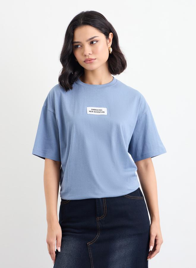 Styli Blue Oversized T-Shirt with Badge Detail - Image 2