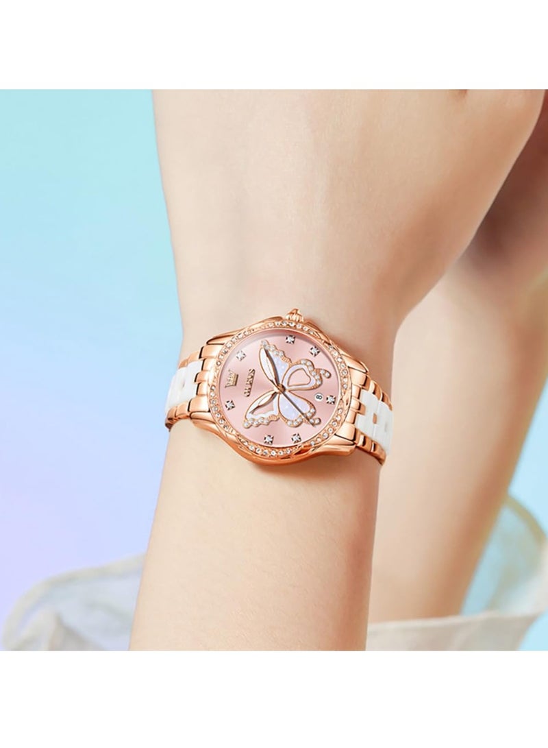 أوليفز ساعة OLEVS النسائية الأنيقة المصنوعة من الفولاذ المقاوم للصدأ والسيراميك بسوار ثنائي اللون ومقاومة للماء 5610 - Image 3