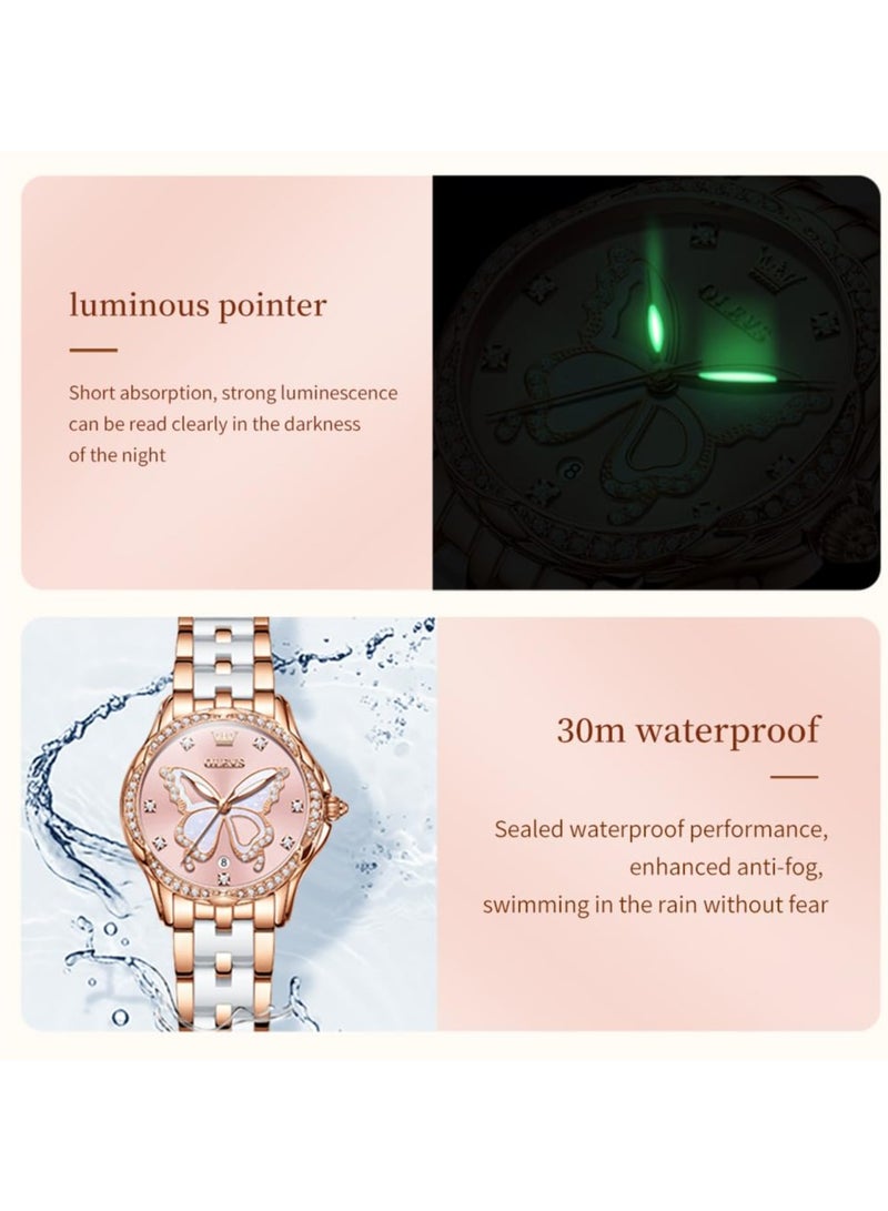 أوليفز ساعة OLEVS النسائية الأنيقة المصنوعة من الفولاذ المقاوم للصدأ والسيراميك بسوار ثنائي اللون ومقاومة للماء 5610 - Image 4