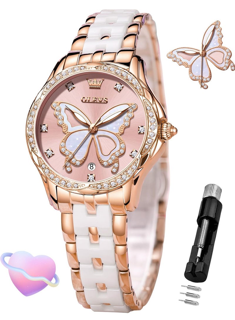 أوليفز ساعة OLEVS النسائية الأنيقة المصنوعة من الفولاذ المقاوم للصدأ والسيراميك بسوار ثنائي اللون ومقاومة للماء 5610 - Image 1