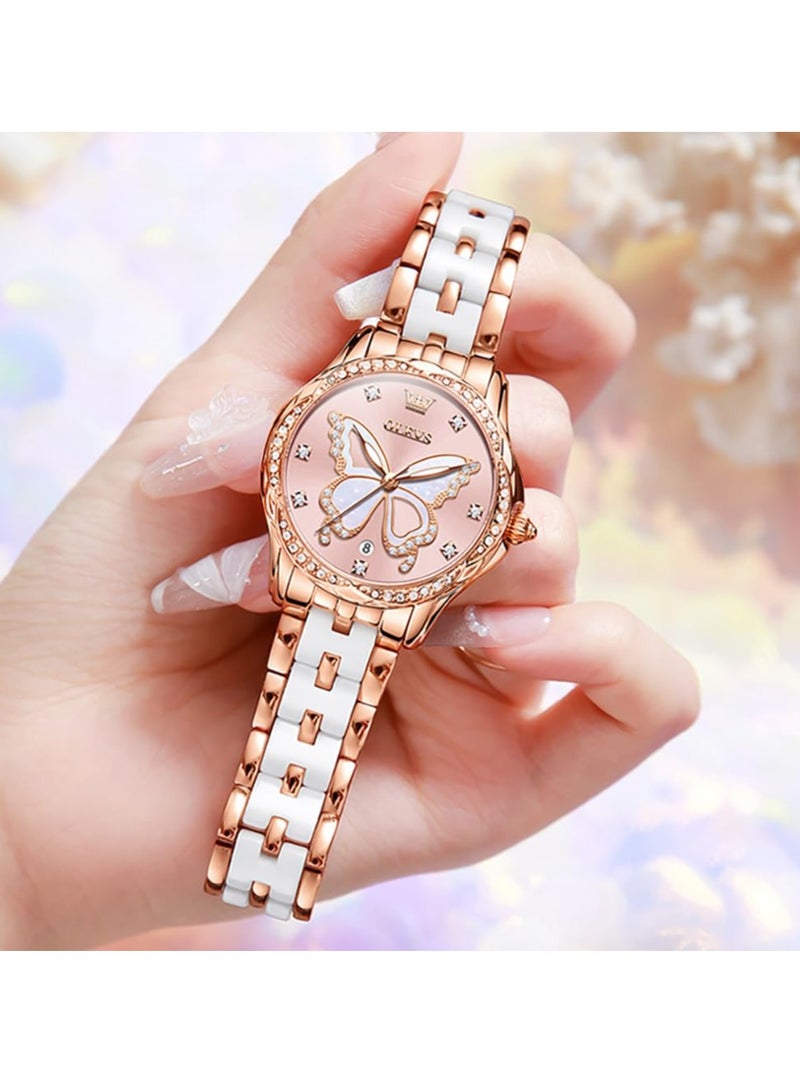 أوليفز ساعة OLEVS النسائية الأنيقة المصنوعة من الفولاذ المقاوم للصدأ والسيراميك بسوار ثنائي اللون ومقاومة للماء 5610 - Image 2