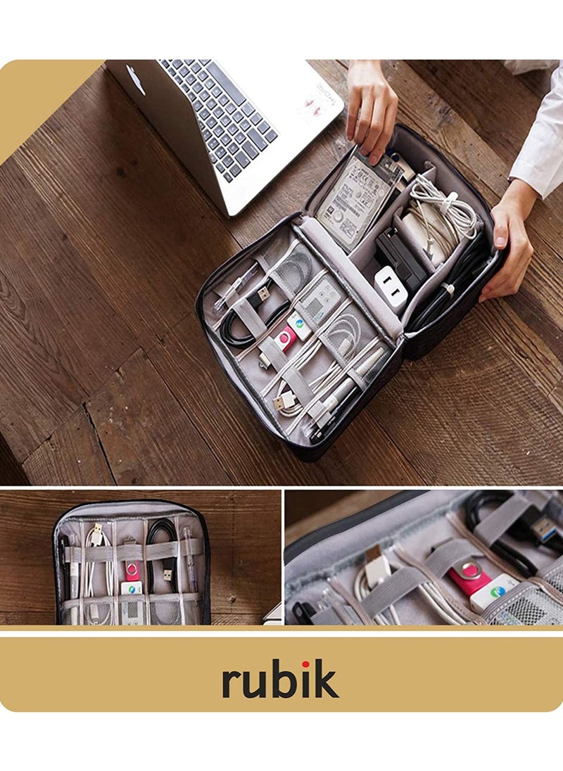Rubik Travel Universal Cable Organizer Waterproof Carrying Bag, Gadgets Electronics Accessories Storage Case for Charger, USB Cables, Earphone, Ipad Mini, Phone, SD Card, Power Bank - Black  - Image 4