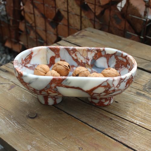 Nawgnail Natural Oval Calacatta Red Marble Fruit Bowl for Kitchen Counter 10 Large Decorative Bowl TwoLegs for Home Decor Fruits Holder For Dining Table Kitchen Organization - Image 1