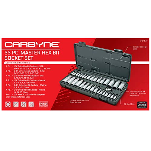 CARBYNE 33-Piece Master Hex (Allen) Bit Socket Set | SAE & Metric. Includes Metric 2mm - 19mm, SAE 5/64 in. - 3/4 in., S2 Steel Bits, Cr-V Sockets, Durable Case | 1/4, 3/8, & 1/2 in. Drive - Image 3