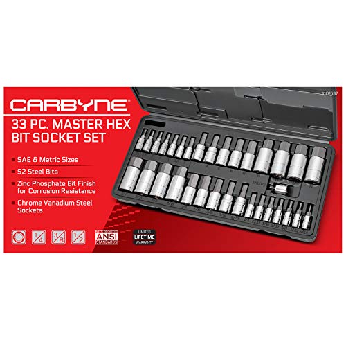 CARBYNE 33-Piece Master Hex (Allen) Bit Socket Set | SAE & Metric. Includes Metric 2mm - 19mm, SAE 5/64 in. - 3/4 in., S2 Steel Bits, Cr-V Sockets, Durable Case | 1/4, 3/8, & 1/2 in. Drive - Image 2