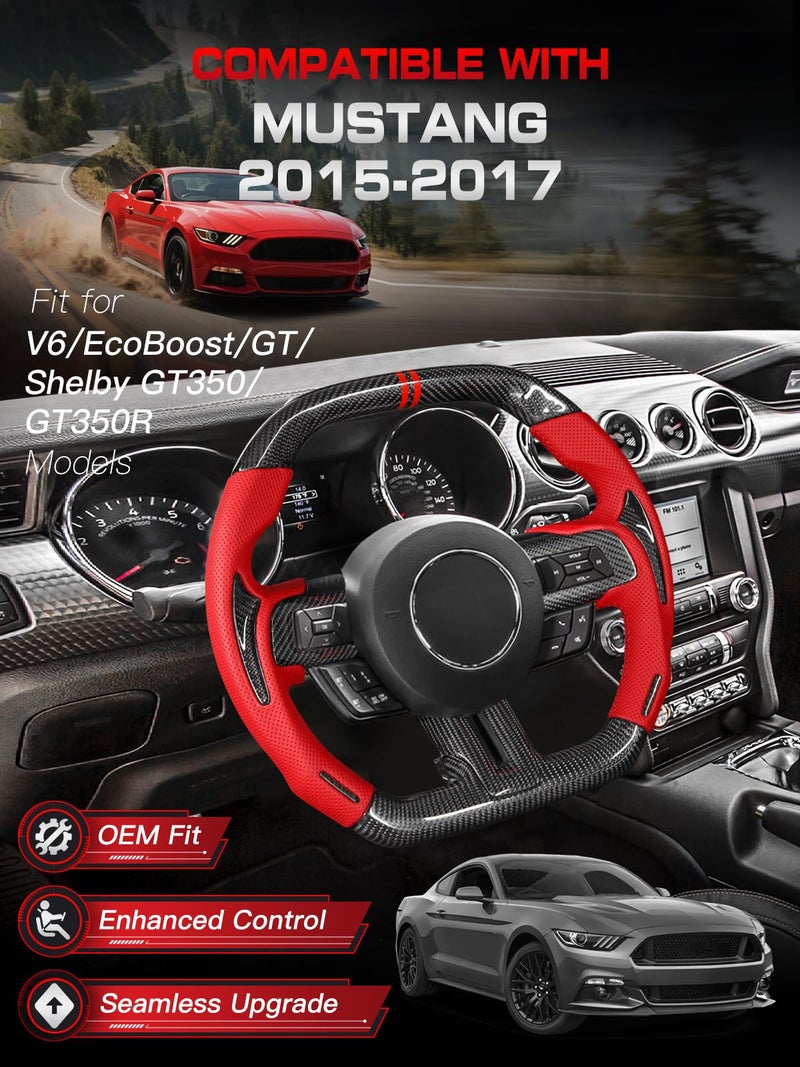 TESFEEL Real Carbon Fiber Steering Wheel for Ford Mustang 2015-2017, Double-D Design (Flat Top & Bottom), Red Nappa Leather with Black Insert & Matching Trim, for EcoBoost/GT/GT350>350R - Image 2