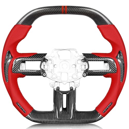 TESFEEL Real Carbon Fiber Steering Wheel for Ford Mustang 2015-2017, Double-D Design (Flat Top & Bottom), Red Nappa Leather with Black Insert & Matching Trim, for EcoBoost/GT/GT350>350R - Image 1