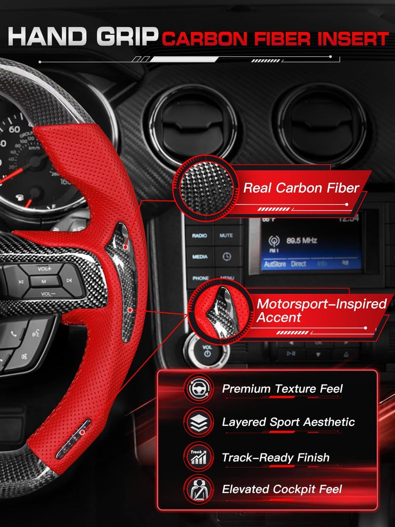 TESFEEL Real Carbon Fiber Steering Wheel for Ford Mustang 2015-2017, Double-D Design (Flat Top & Bottom), Red Nappa Leather with Black Insert & Matching Trim, for EcoBoost/GT/GT350>350R - Image 3