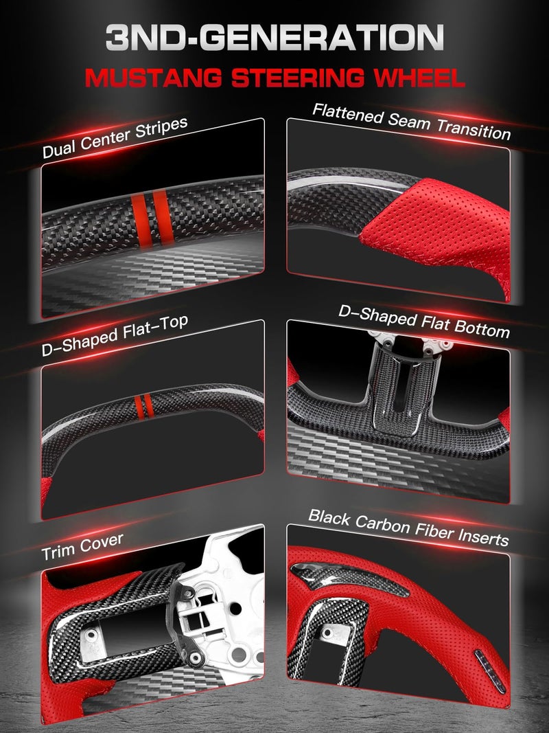 TESFEEL Real Carbon Fiber Steering Wheel for Ford Mustang 2015-2017, Double-D Design (Flat Top & Bottom), Red Nappa Leather with Black Insert & Matching Trim, for EcoBoost/GT/GT350>350R - Image 5