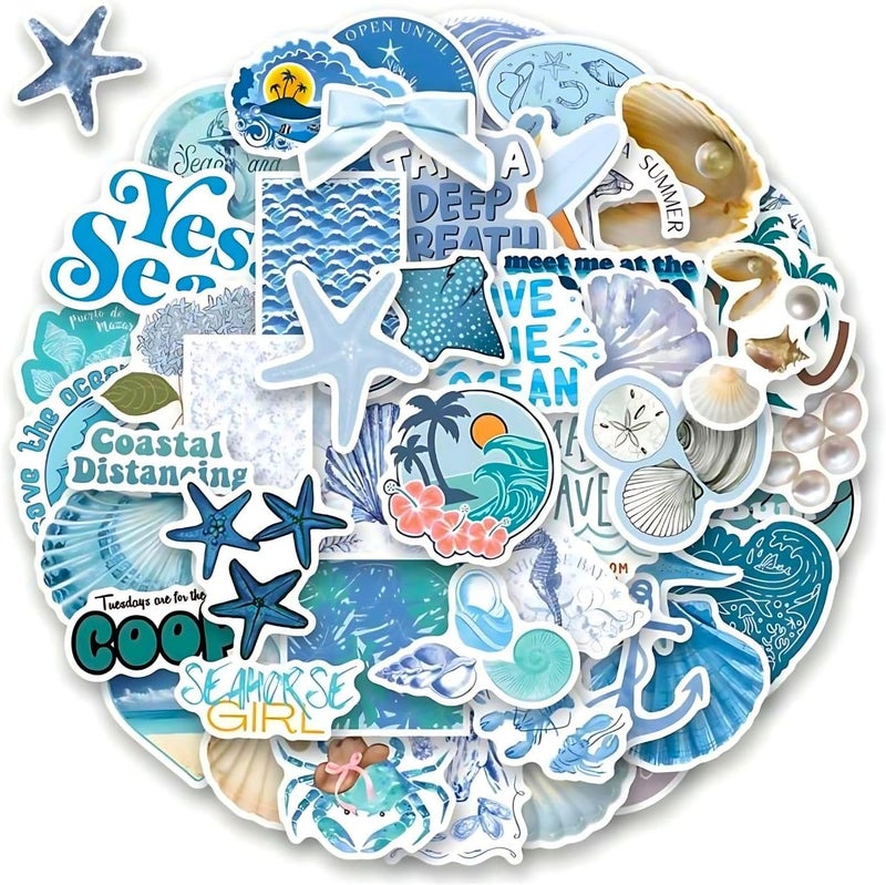 60Pcs Graffiti Beachy Coastal Cowgirl Stickers - Pink Summer Ocean Marine Life Aesthetic | Waterproof Decals for Laptop, Skateboard, Journal, Water Bottle | Teen Girl Bedroom Decor - Image 1