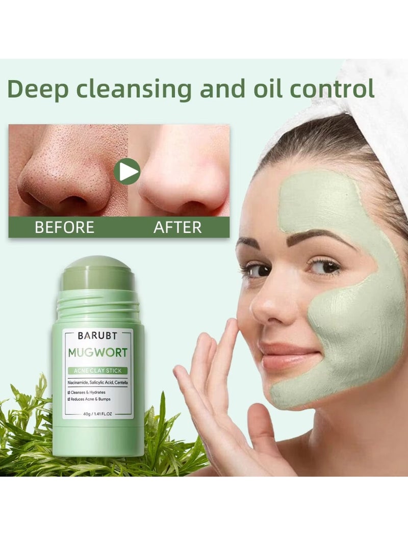BARUBT Mugwort Acne Clay Stick Mugwort Acne Clay Mask Cleanses Moisturizing Face Mask Reduce Acne Pimples Bumps Blackhead Remover Minimize Pores Clay Balm Face Mud Mask with Niacinamide Salicylic Acid and Centella Stick 40g - Image 3