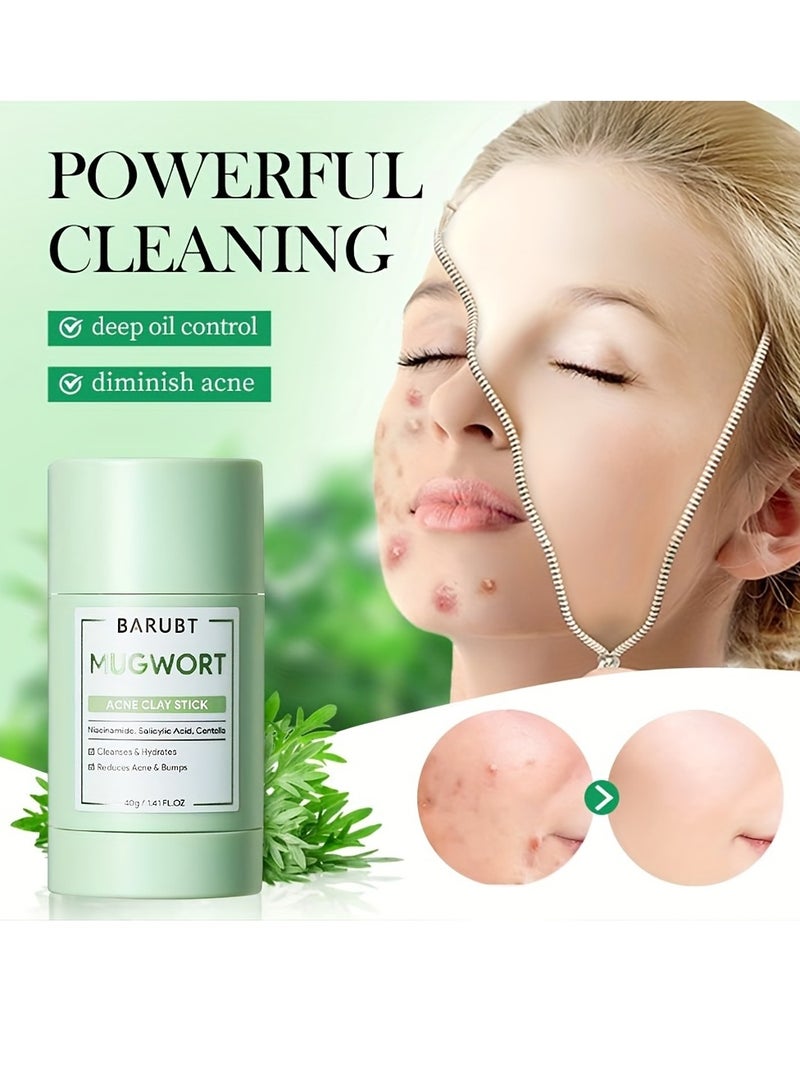 BARUBT Mugwort Acne Clay Stick Mugwort Acne Clay Mask Cleanses Moisturizing Face Mask Reduce Acne Pimples Bumps Blackhead Remover Minimize Pores Clay Balm Face Mud Mask with Niacinamide Salicylic Acid and Centella Stick 40g - Image 4