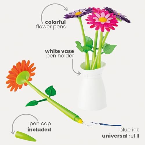 Vigar Flower Pen Set with Vase Holder, 5 Colorful Decorative Floral Pens with Blue Ink, Cute Office Supplies, Fun Pens for School and Work - Image 4