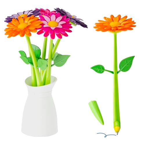 Vigar Flower Pen Set with Vase Holder, 5 Colorful Decorative Floral Pens with Blue Ink, Cute Office Supplies, Fun Pens for School and Work - Image 1