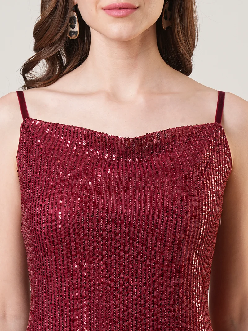 globus Women Cowl Neck Strappy Shoulder Sequinned Side Slit Bodycon Midi Party Dress