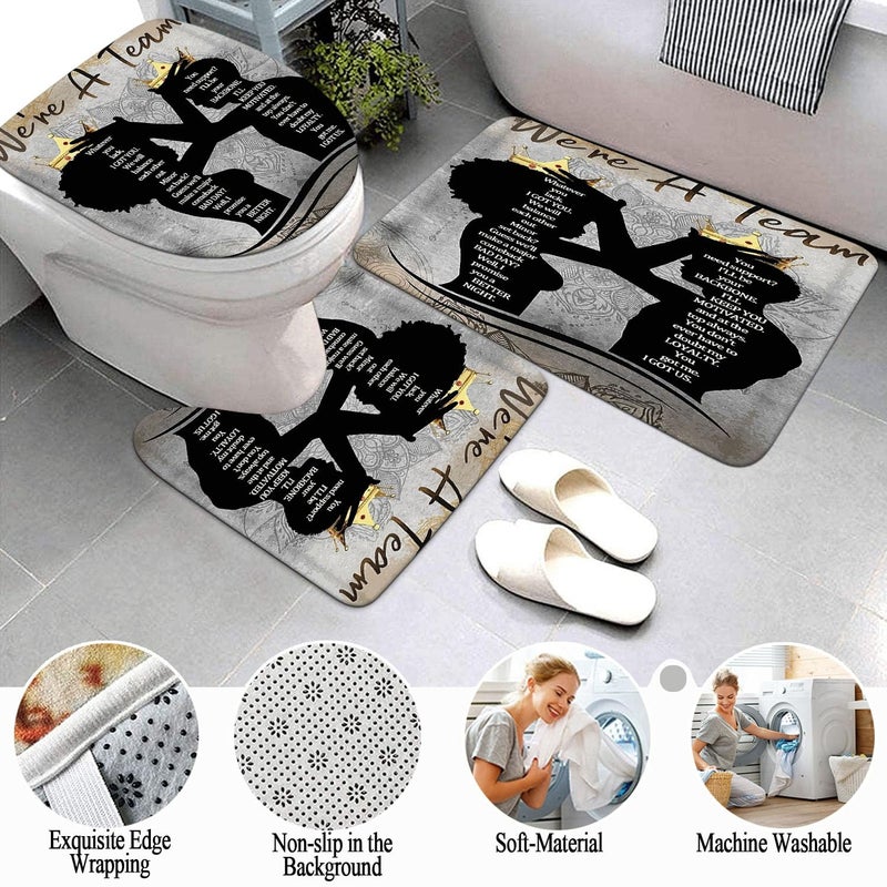 Omebero 4 Pcs Black King Queen Shower Curtain Set, Inspirational Quotes Black Man Women Bathroom Decor Sets with Shower Curtain and Rugs Toilet Lid Cover Bath Mat, Romantic Waterproof Fabric Shower Curtains - Image 3