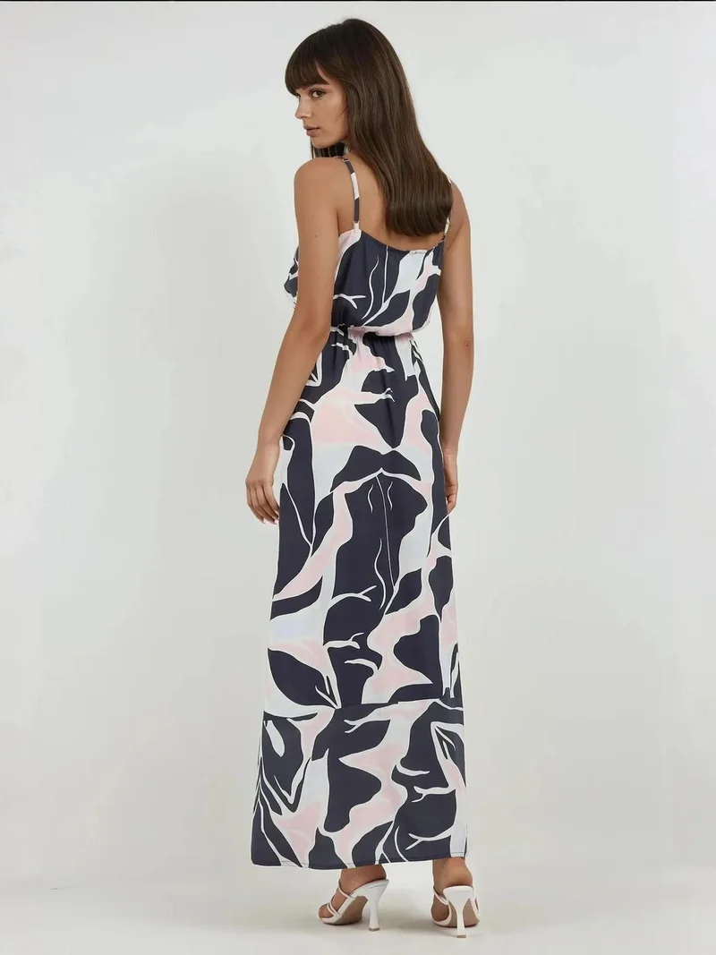 زوبعة فستان ماكسي بياقة مربعة وطبعة