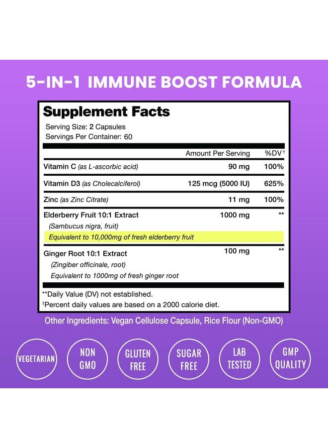 NutraChamps NutraChamps Elderberry Extract 120 Capsules, 10,000mg Sambucus Elderberry with Zinc and Vitamin C for Adults + Vitamin D3 5000 IU & Ginger, 5-in-1 Antioxidant Immune Support Supplement - Image 2