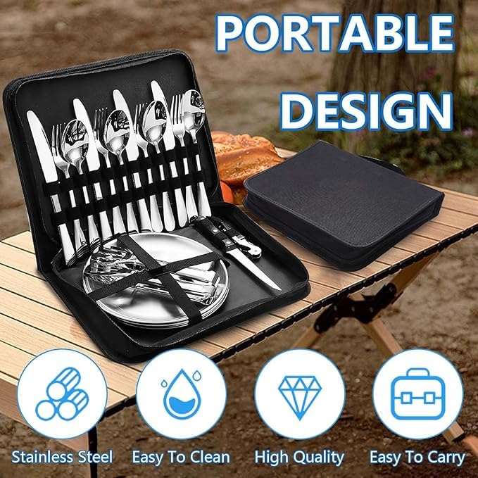 RELEMTRA People Picnic Cutlery Set Stainless Steel Portable Outdoor Cutlery Set with Zip Cutlery Bags for Travel Pack of 20 Camping Plate Set for 4 People Camping Silverware Kit Cutlery - Image 5