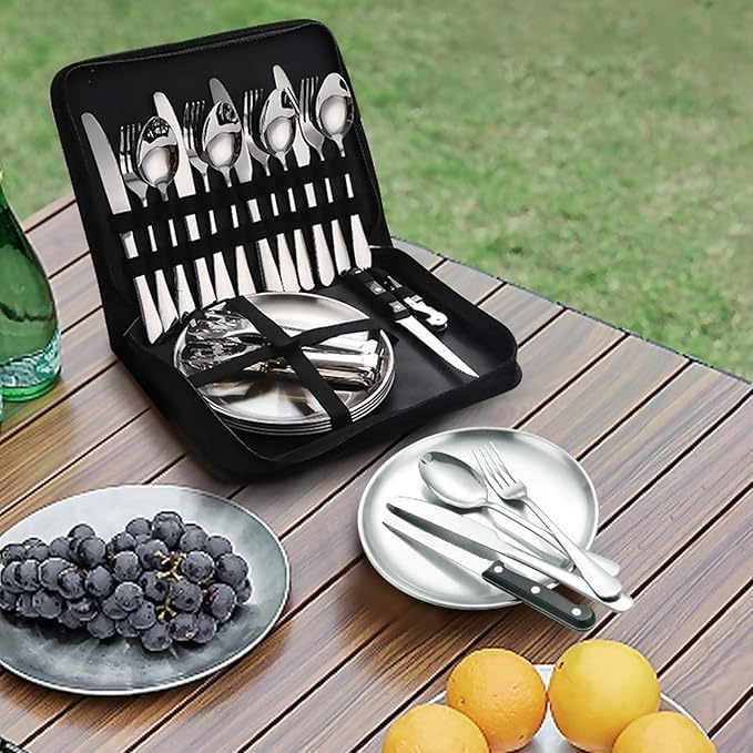 RELEMTRA People Picnic Cutlery Set Stainless Steel Portable Outdoor Cutlery Set with Zip Cutlery Bags for Travel Pack of 20 Camping Plate Set for 4 People Camping Silverware Kit Cutlery - Image 3