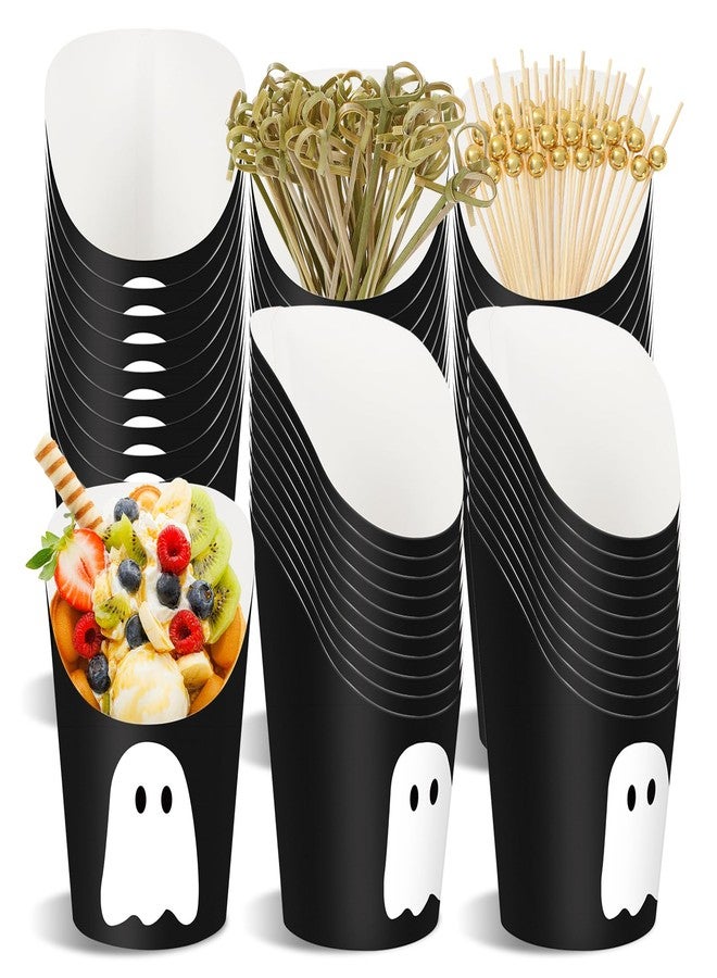 JarThenaAMCS 50Pcs Halloween Charcuterie Cups with 100Pcs Sticks Black White Ghost Disposable Appetizer Cups 14oz Fench Fry Holder for Trick or Treat Snack Dessert Birthday Party Supplies - Image 1