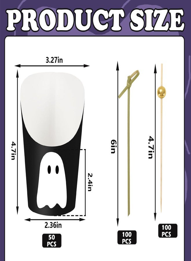 JarThenaAMCS 50Pcs Halloween Charcuterie Cups with 100Pcs Sticks Black White Ghost Disposable Appetizer Cups 14oz Fench Fry Holder for Trick or Treat Snack Dessert Birthday Party Supplies - Image 2