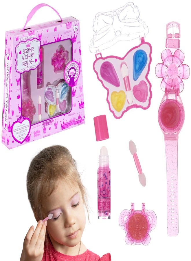 Expressions 4pc Cosmetic Kit w/Lip Gloss Watch- Butterfly Lip Gloss & Eyeshadow Palette Collection Kids Makeup Kit for Girls, Washable + Non Toxic - Image 1