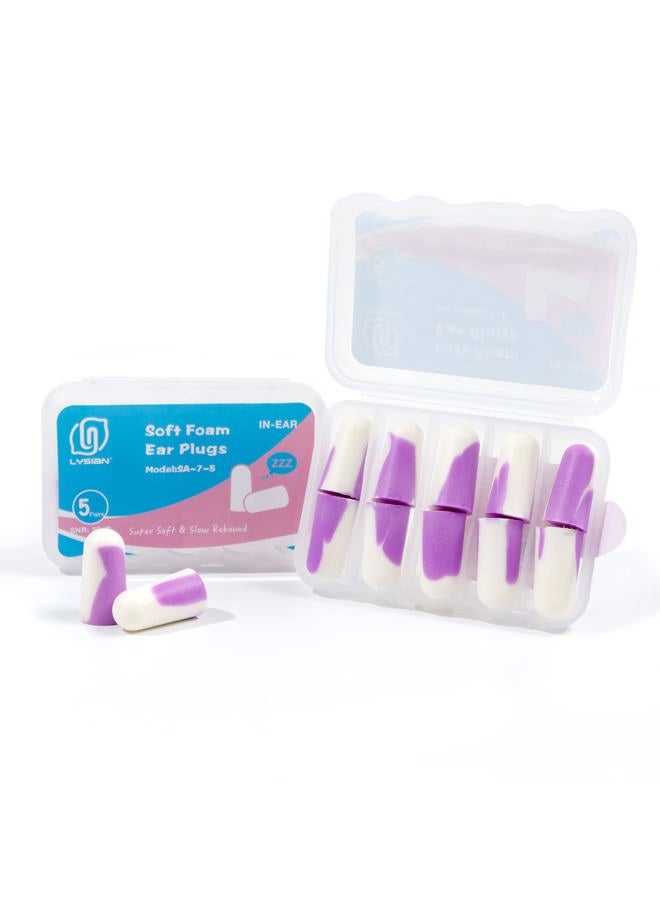 lysian Ultra Soft Foam Earplugs 5 Pairs, 38dB SNR Ear Plugs for Sleeping, Snoring, and All Loud Events (Purple/White) - Image 1