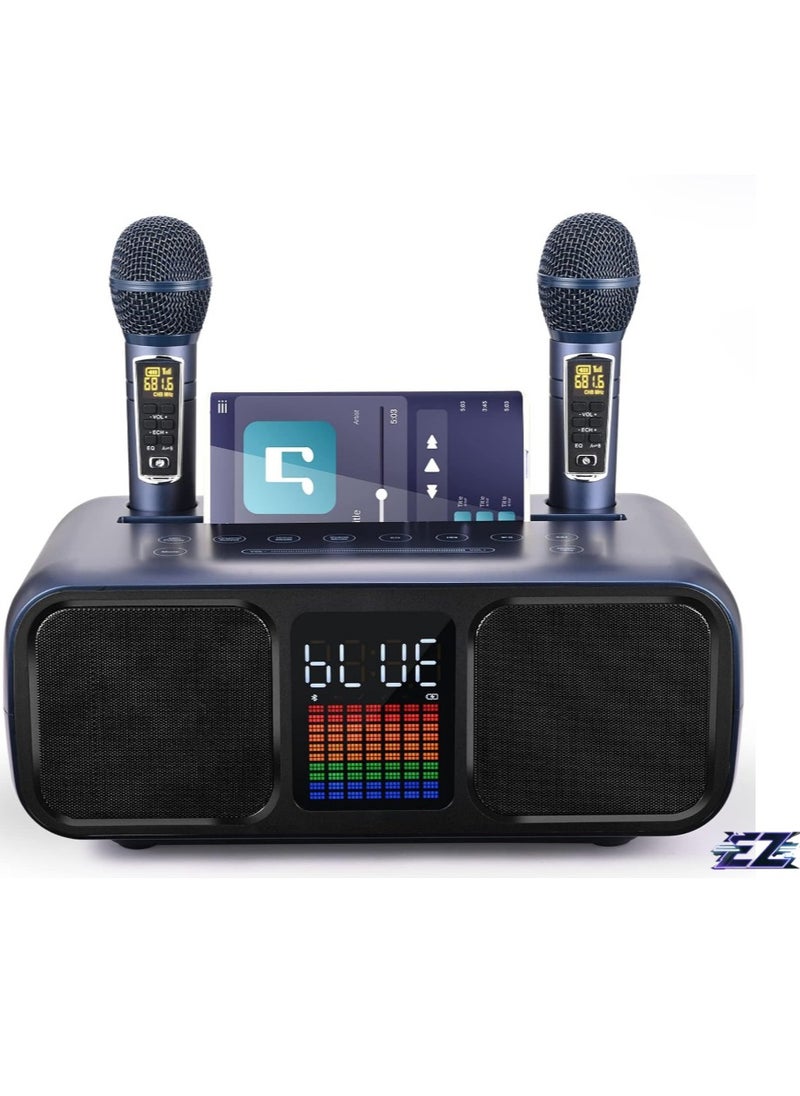 ELTRAZONE Karaoke Machine Party Speaker with 2 Wireless Microphones, Bluetooth, Touch Screen, LED Lights & Phone Stand – Blue  - Image 1