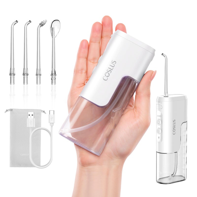 COSLUS Mini Water Flosser for Travel Portable Compact Design Cordless Oral Irrigator with 4 Jet Tips Storable IPX7 Waterproof for Braces Orthodontic Sensitive Gums Outing Home White T40