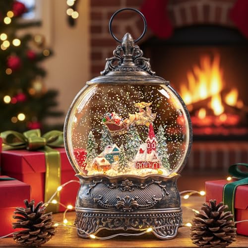 TIJNN Christmas Snow Globe Lantern with Santa Sleigh Car Flying Scene Musical Flashing Water Lantern USB and Battery Powered Christmas Decoration Gifts - Image 1