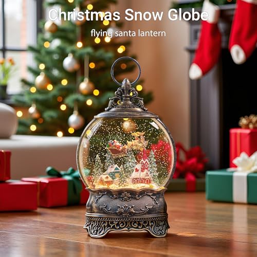 TIJNN Christmas Snow Globe Lantern with Santa Sleigh Car Flying Scene Musical Flashing Water Lantern USB and Battery Powered Christmas Decoration Gifts - Image 3