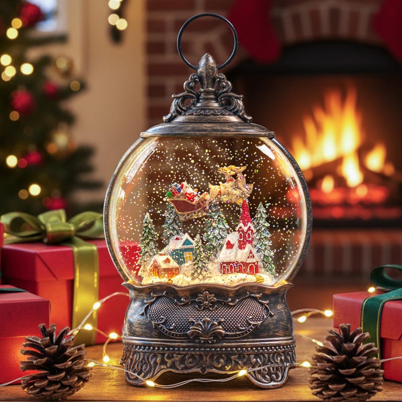 TIJNN Christmas Snow Globe Lantern with Santa Sleigh Car Flying Scene Musical Flashing Water Lantern USB and Battery Powered Christmas Decoration Gifts - Image 2