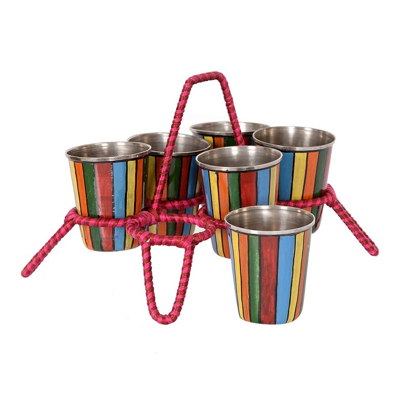 Unique Indian Crafts Multicolor Handpainted Aluminium Kitchen & Dinning Tableware Dinnerware Breakfast & Serving Tea Coffee Kettle Set with 6 Stainless Steel Tea Cups Glass and Stand - Image 3